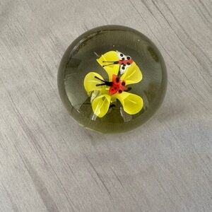 Vintage Paperweight Globe Yellow Lilly Flower and Butterflies Art Glass